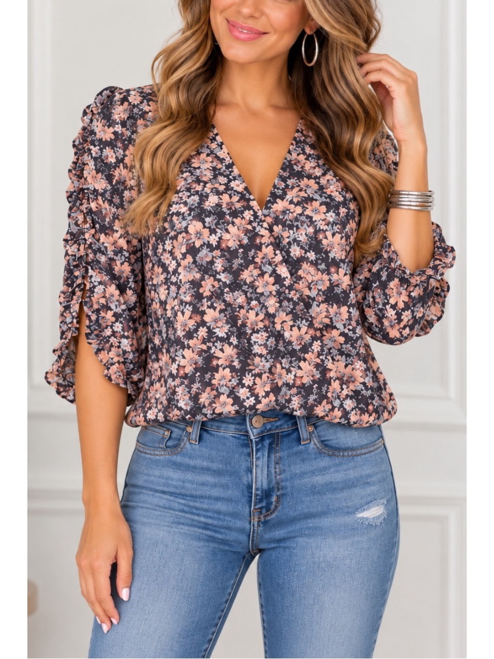 Lovestitch Floral Ruffle Sleeve Blouse- Small